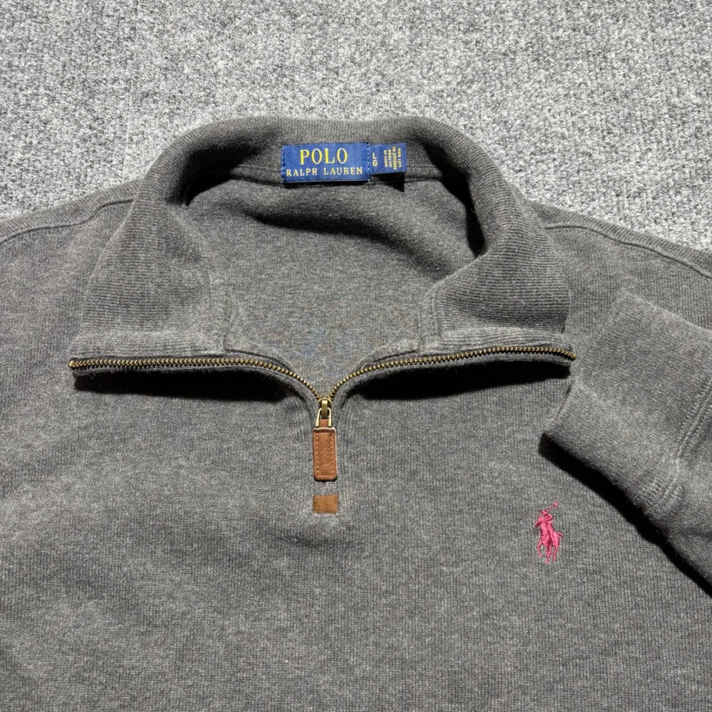 Polo Ralph Lauren Mens Large Gray Quarter Zip Pullover Cotton Pink Pony Logo